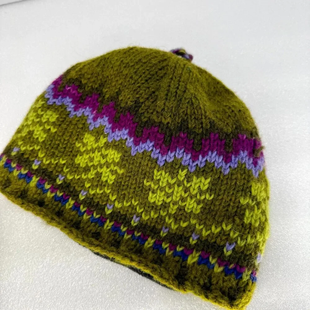 Newari Icelandic Beanie Hat Womens Olive Green Wool Fleece Lined Hand Knit Boho